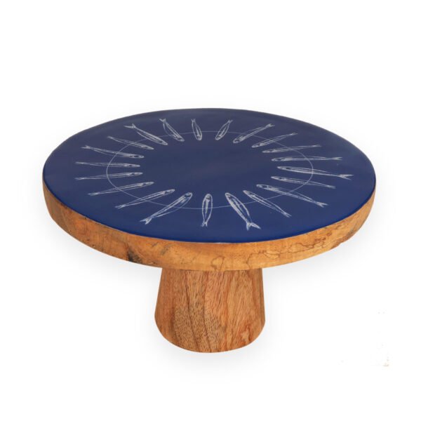 wooden blue fish print cake stand